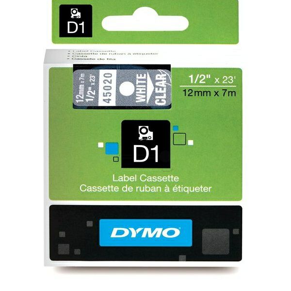 S0720600 Original Dymo D1 Schriftband S0720600 – 12mm x 7m – Weiß auf Transparent – Etikettenband für LabelManager