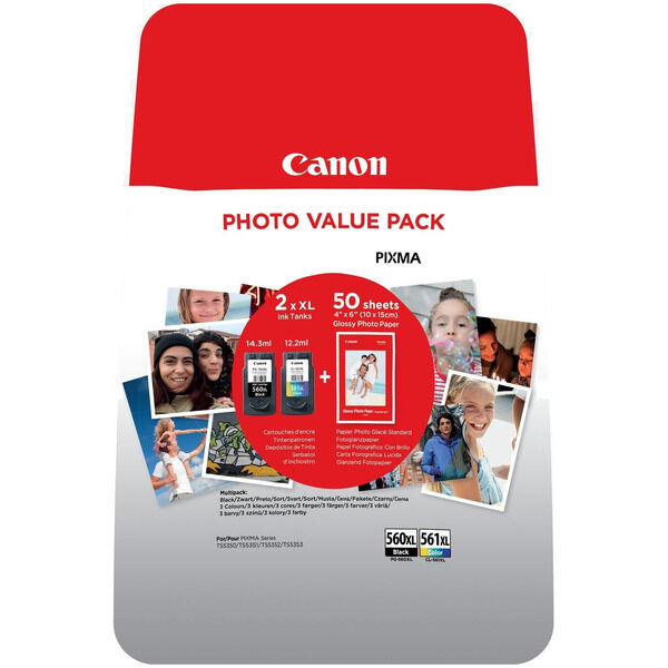 Original Tintenpatronen Canon PG-560XL + CL-561XL Multipack schwarz&color 50 Blatt 4x6 Fotopapier