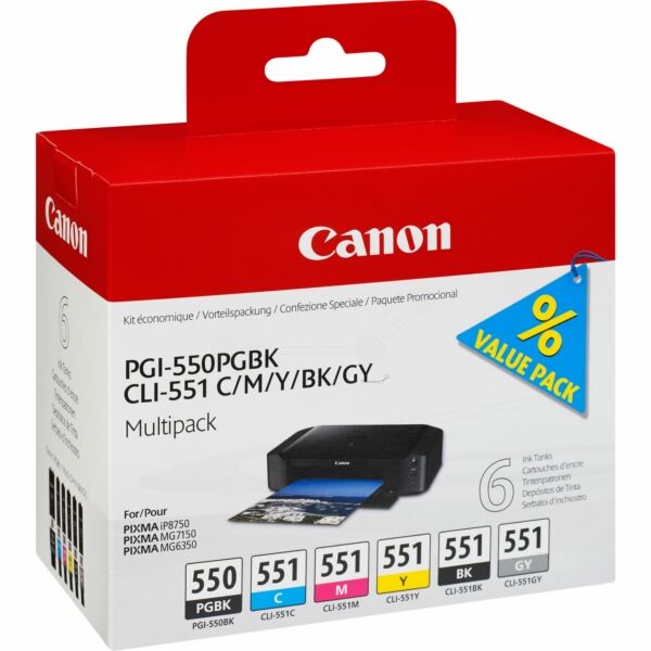 6496B005 Original Tintenpatronen Canon PGI-550/CLI-551 Multipack C/M/Y/PGBK/BK/GY (6496B005)